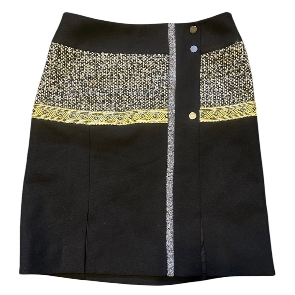 Etcetera Parkside Woven Black & Gold Tweed Panel Side Zip Mini Skirt Size 2